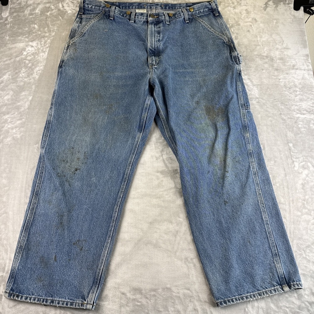 Vintage 44x30 Carhartt B23 DST Denim Work Carpenter Dungaree Pant Trashed (1236)